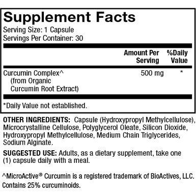 Dr. Mercola Curcumin Advanced 30 capsules supplement facts panel, close-up