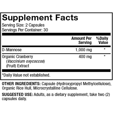 Dr. Mercola D-Mannose and Cranberry Extract 1000 mg 60 capsules supplement facts panel, close-up