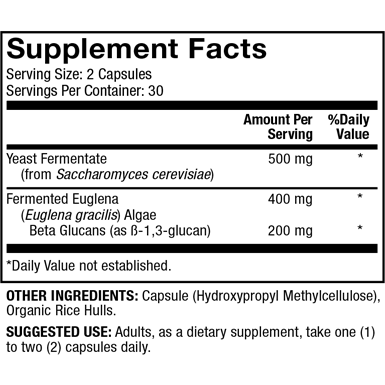 Dr. Mercola Fermented Beta Glucans 60 capsules supplement facts panel, close-up