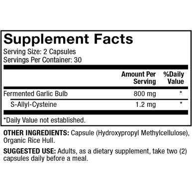 Dr. Mercola Fermented Black Garlic 800 mg 60 capsules supplement facts panel, close-up