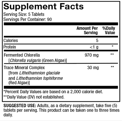 Dr. Mercola Fermented Chlorella 1000 mg 450 tablets supplement facts panel, close-up