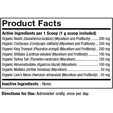 Dr. Mercola Fermented Mushroom Blend 2.11 oz product facts label