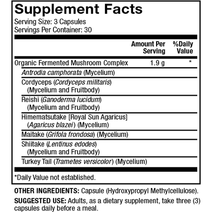 Dr. Mercola Fermented Mushroom Complex 90 capsules supplement facts panel, close-up