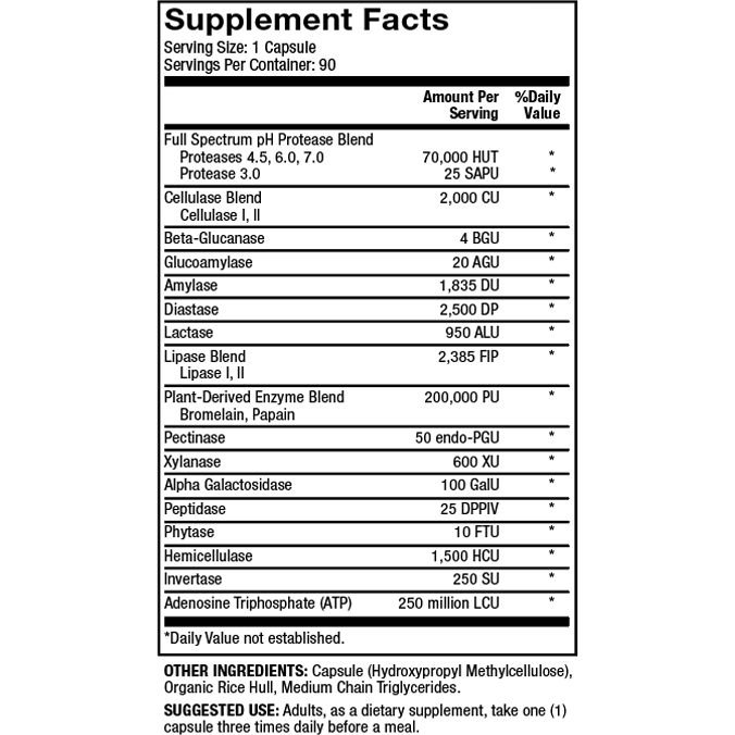Dr. Mercola Full Spectrum Enzymes 90 capsules supplement facts panel, close-up