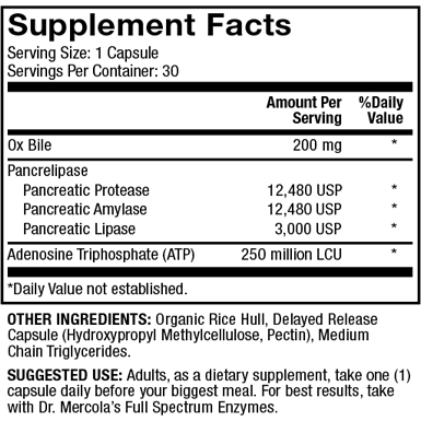 Dr. Mercola Gallbladder Enzymes 30 capsules supplement facts panel, close-up
