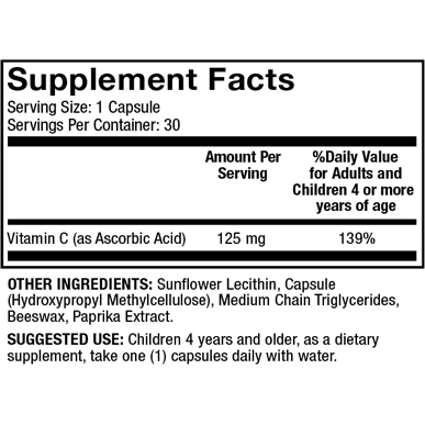 Dr. Mercola Liposomal Vitamin C for Kids 125 mg 30 capsules supplement facts panel, close-up