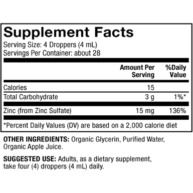 Dr. Mercola Liquid Zinc Drops 15 mg 3.88 fl oz supplement facts panel, close-up