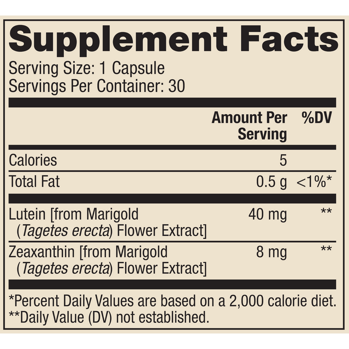 Dr. Mercola Lutein with Zeaxanthin 30 capsules supplement facts label