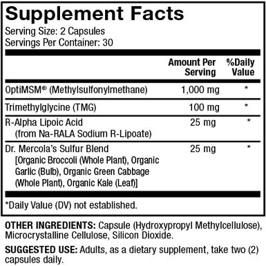 Dr. Mercola MSM Sulfur Complex 60 capsules supplement facts panel, close-up