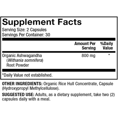 Dr. Mercola Organic Ashwagandha 800 mg 60 capsules supplement facts panel, close-up
