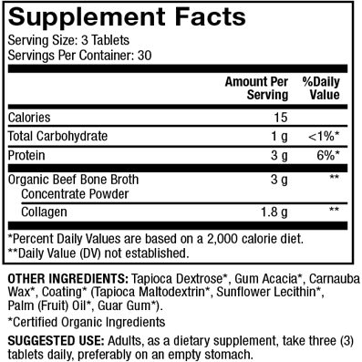 Dr. Mercola Organic Collagen from Grass Fed Beef Bone Broth supplement facts panel, close-up