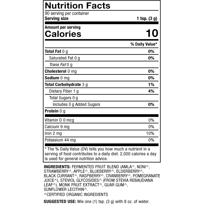 Dr. Mercola Organic Fermented Fruits Powder 9.5 oz nutrition facts label