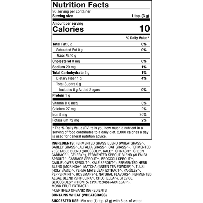 Dr. Mercola Organic Fermented Greens Powder 9.5 oz nutrition facts label