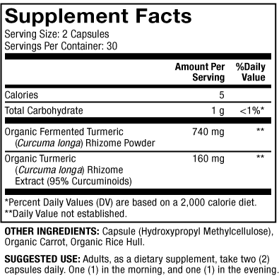 Dr. Mercola Organic Fermented Turmeric 60 capsules supplement facts panel, close-up