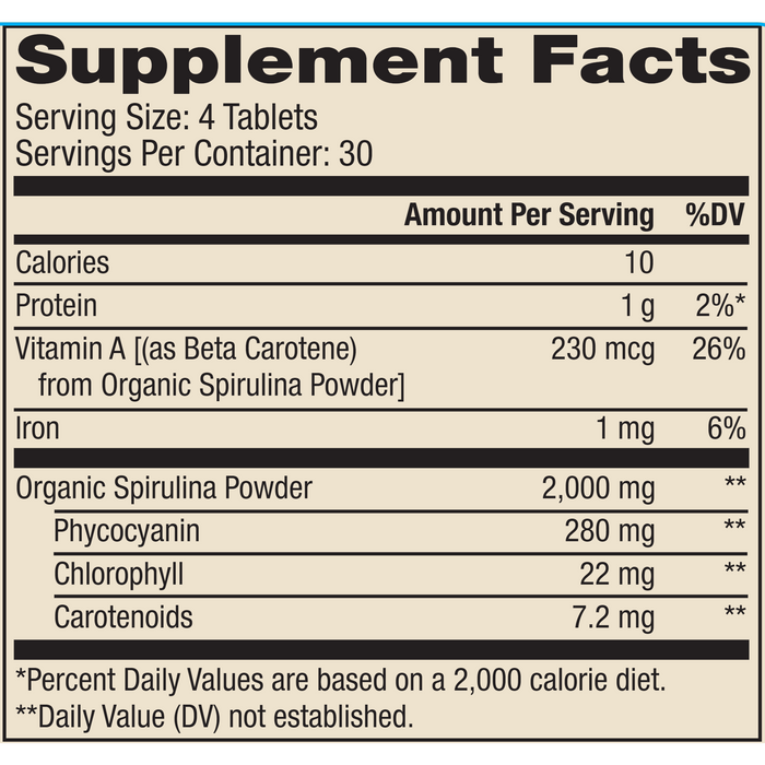 Dr. Mercola Organic Spirulina 120 tablets supplement facts label