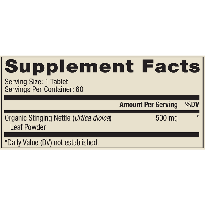Dr. Mercola Organic Stinging Nettle 500 mg 60 tablets supplement facts label
