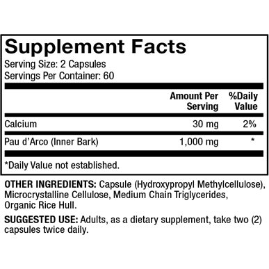 Dr. Mercola Pau D'Arco 1,000 mg 120 capsules supplement facts panel, close-up