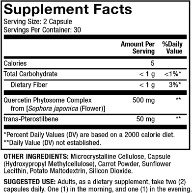 Dr. Mercola Quercetin and Pterostilbene Advanced 60 capsules supplement facts panel, close-up
