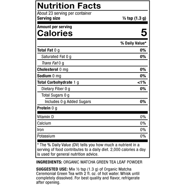 Dr. Mercola Solspring Organic Matcha Ceremonial Green Tea 1.05 oz nutrition facts label