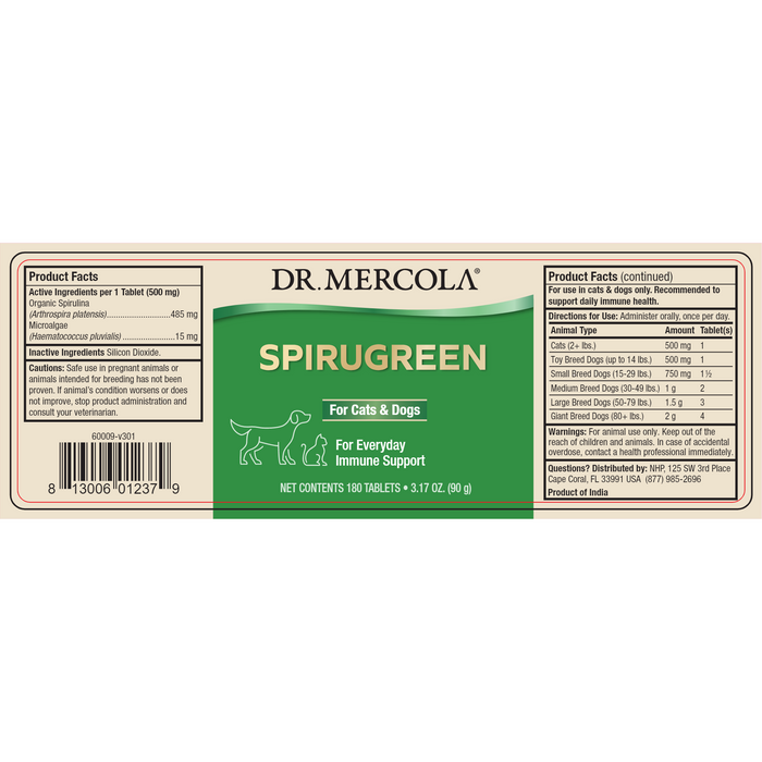 Dr. Mercola SpiruGreen for Cats & Dogs 180 tablets supplement facts label