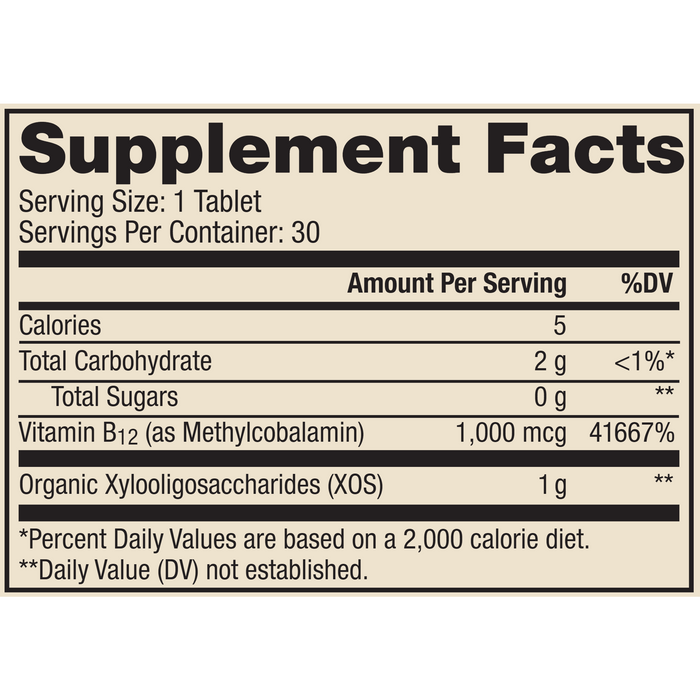 Dr. Mercola Vitamin B12 Chewable 1000 mcg 30 tablets supplement facts label