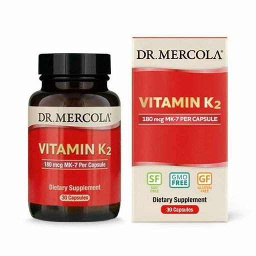 A bottle and box of Dr. Mercola's Vitamin K2 dietary supplement, with the product information clearly visible.