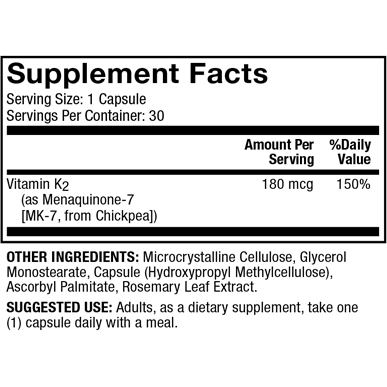Dr. Mercola Vitamin K2 180 mcg supplement facts panel, close-up