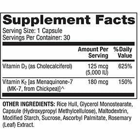 Dr. Mercola Vitamins D3 and K2 30 capsules supplement facts panel, close-up