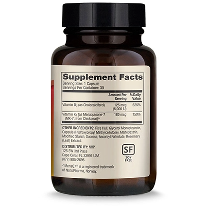 Dr. Mercola Vitamins D3 and K2 30 capsules supplement facts label