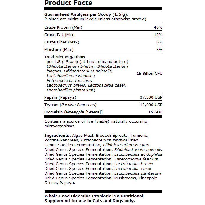 Dr. Mercola Whole Food Digestive Probiotic for Cats & Dogs 3.32 oz product facts panel, close-up