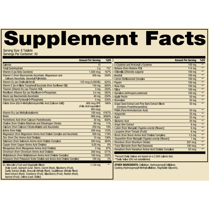 Dr. Mercola Whole-Food Multivitamin 240 tablets supplement facts label