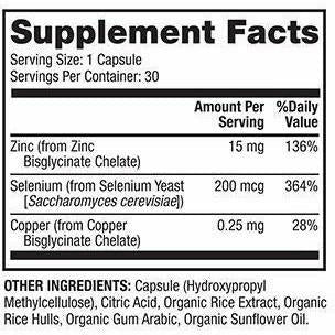 Dr. Mercola Zinc Plus Selenium 30 capsules supplement facts panel, close-up
