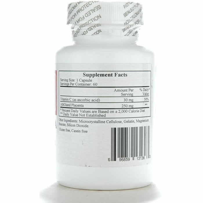 Ecological Formulas Placenta 250 mg 60 capsules supplement facts label
