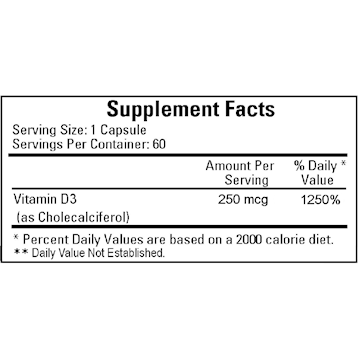 Ecological Formulas Vitamin D3 10,000 IU 60 capsules supplement facts label