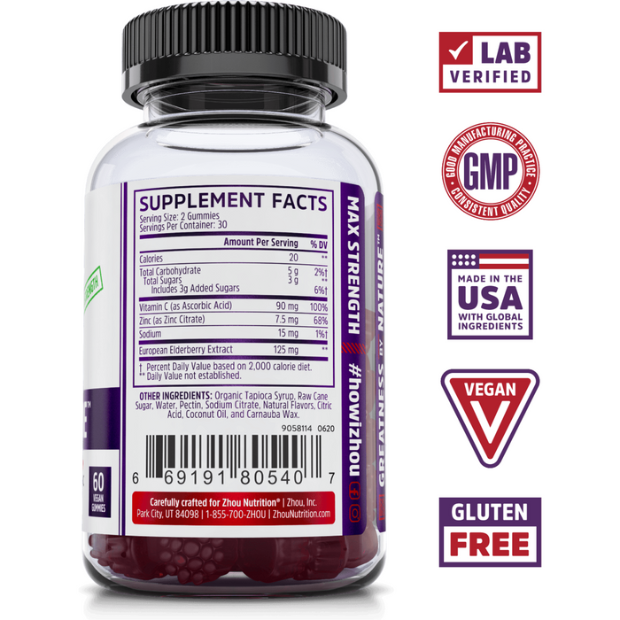 Supplement Facts, ZHOU Nutrition, Elder-Mune Elderberry 60 Gummies