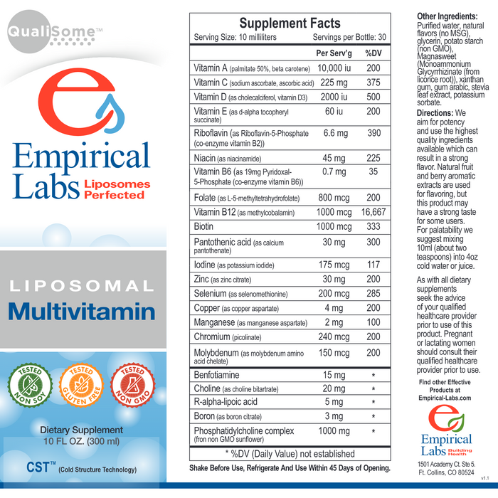 Empirical Labs Liposomal Multivitamin 10 fl oz full label