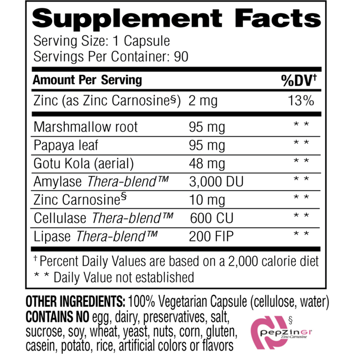Enzyme Science Acid Calm 90 capsules supplement facts label