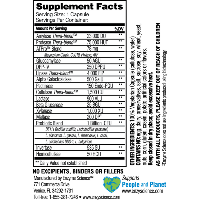 Enzyme Science Critical Digestion 30 capsules supplement facts label