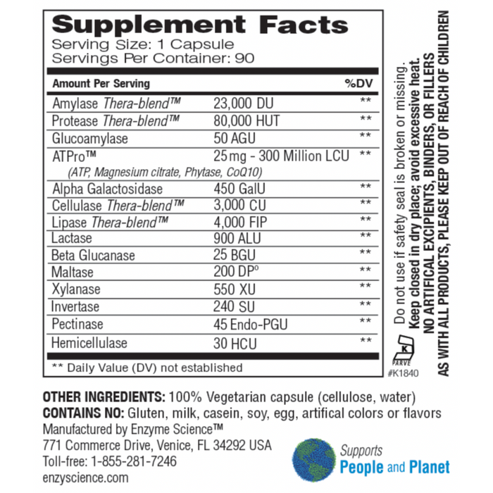Enzyme Science Digest Gold 90 veg capsules supplement facts label