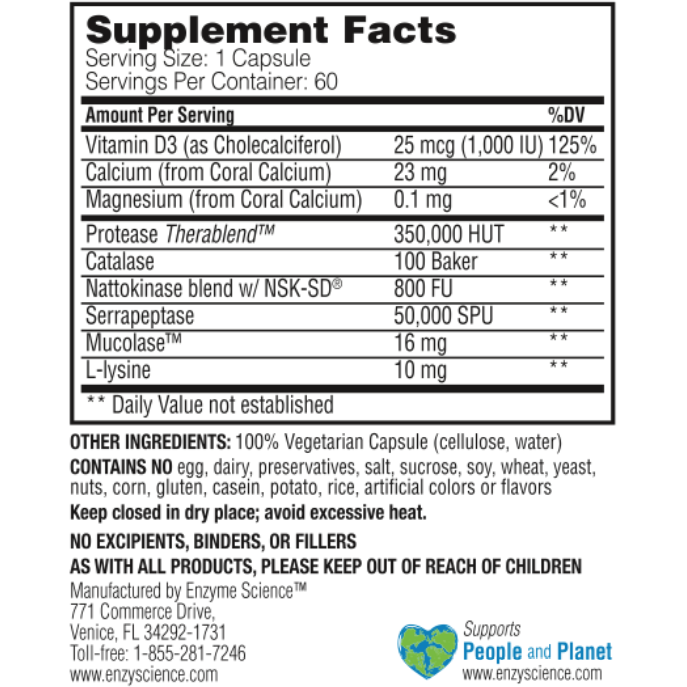 Enzyme Science Enzyme Defense Pro 60 capsules supplement facts label