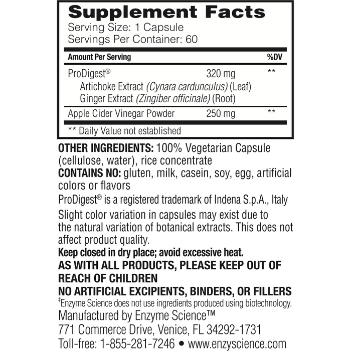 Enzyme Science GI Motility Complex 60 capsules supplement facts label