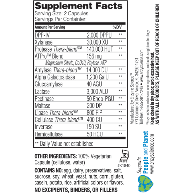 Enzyme Science Intolerance Complex 90 capsules supplement facts label