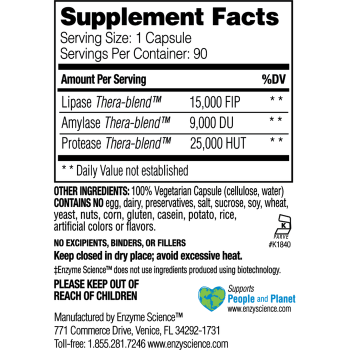 Enzyme Science Lypo Optimize 90 veg capsules supplement facts label