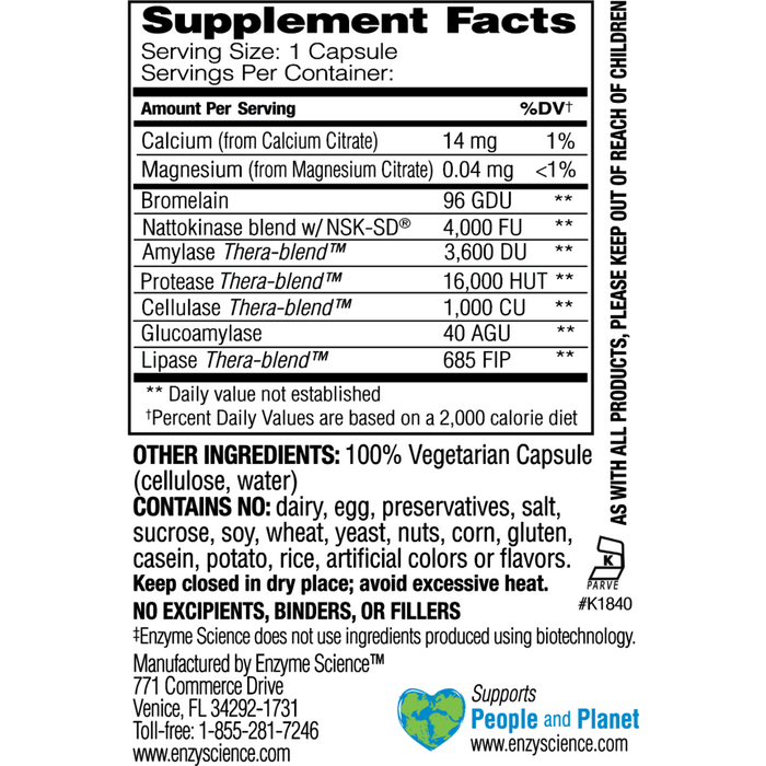 Enzyme Science Nattokinase Pro 60 capsules supplement facts label