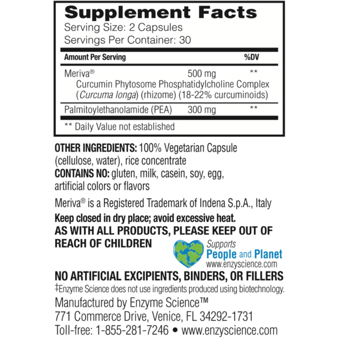 Enzyme Science PEA+ with Meriva Curcumin 60 capsules supplement facts label