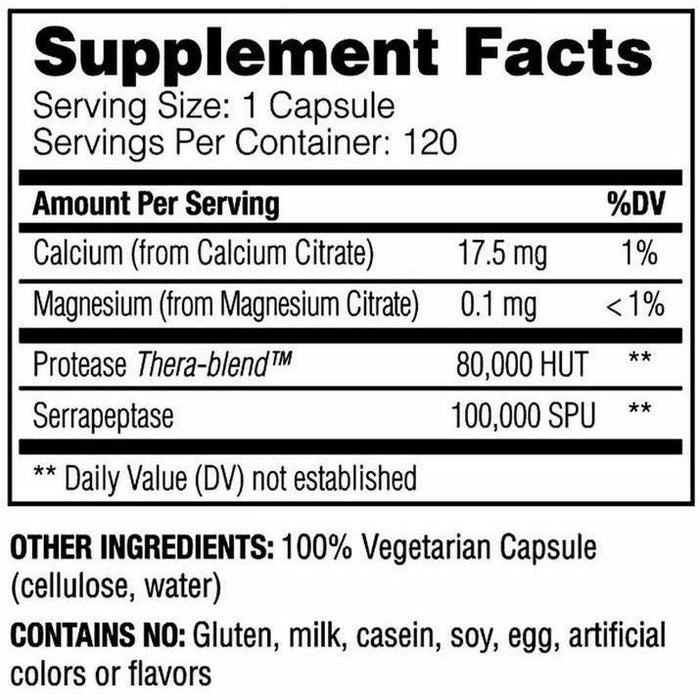 Enzyme Science Serrapeptase Pro 120 capsules supplement facts label