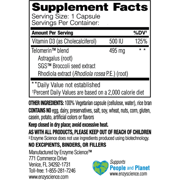 Enzyme Science Telomere Pro 30 capsules supplement facts label