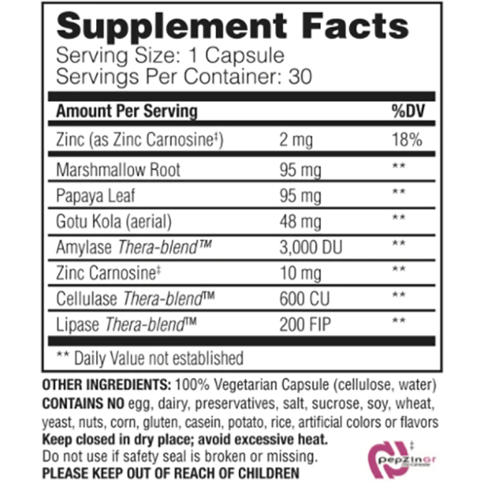 Enzymedica Acid Soothe 30 capsules supplement facts label
