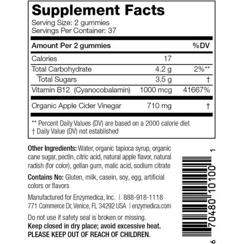 Enzymedica Apple Cider Vinegar Gummies 74 gummies supplement facts label