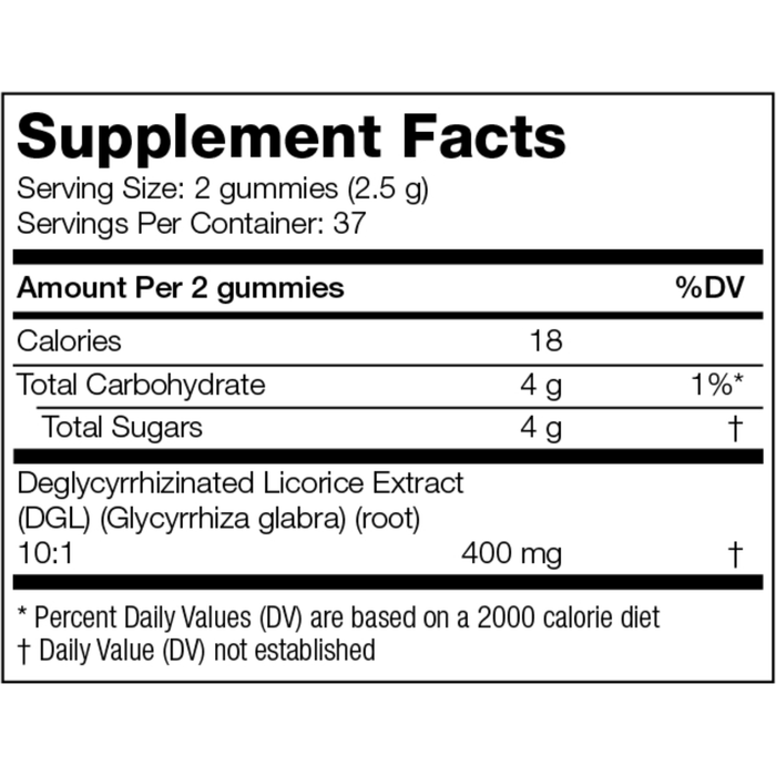Enzymedica DGL Stomach Soothe Gummies 400 mg 74 gummies supplement facts label